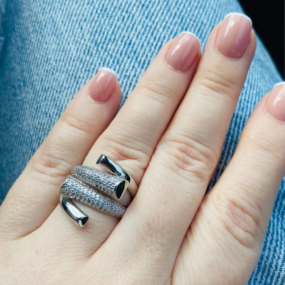 Silver Cubic Zirconia Crystal Geometric Adjustable Ring - Picture 3 of 14